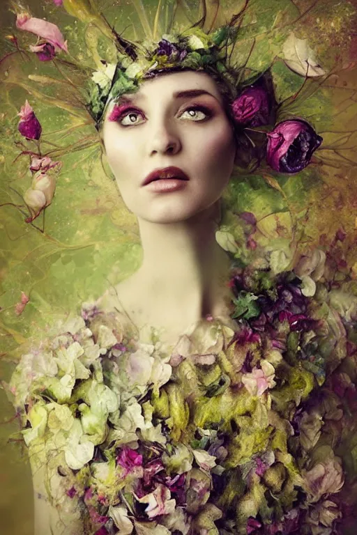 Prompt: beautiful elven women clothed in flowers by malgorzata kmiec and alberto seveso, floral, ethereal, elegant