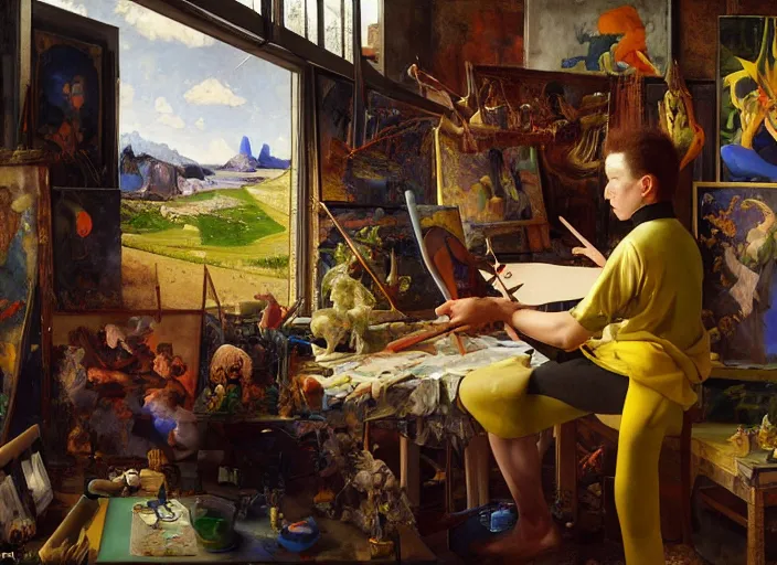 Prompt: a young painter in his studio painting a picture of a colourful pokemon, by edgar maxence and caravaggio and michael whelan and delacroix style, artistic, intricate drawing, cinematic lighting, hyper realistic, extremely detailed, establishing shot, 8 k resolution, dramatic lighting