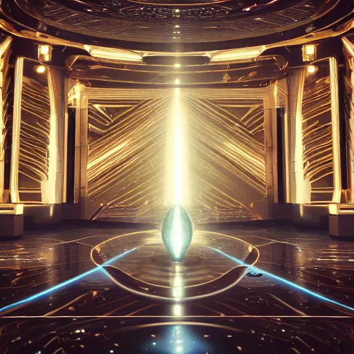 Prompt: a spaceship beaming a light underneath, lasers all over the scene, strobe lights, golden floor, lavish, luxurious, marble walls, cinematic, hyper realism, high detail, octane render, 8 k