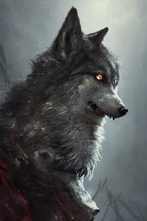 Prompt: A fancy portrait of a zombified wolf by Greg Rutkowski, Sung Choi, Mitchell Mohrhauser, Maciej Kuciara, Johnson Ting, Maxim Verehin, Peter Konig, Bloodborne, 8k photorealistic, cinematic lighting, HD, high details, dramatic, dark atmosphere, trending on artstation