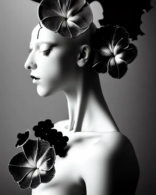 Image similar to black and white dreamy foggy poetic smoky profile face portrait, one silver steampunk realistic eye biomechanical beautiful angelic young female cyclope - cyborg - robot bust, body ribs meshes,, volumetric light, hibiscus flowers, by dora maar, rim light, big gothic fashion pearl embroidered collar, 8 k