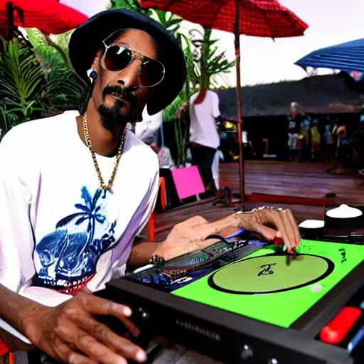 Prompt: Snoop Dogg wearing a bucket hat and a hawaii shirt playing vinyl records on DJ turntables at an outdoor bar, children\'s book drawing