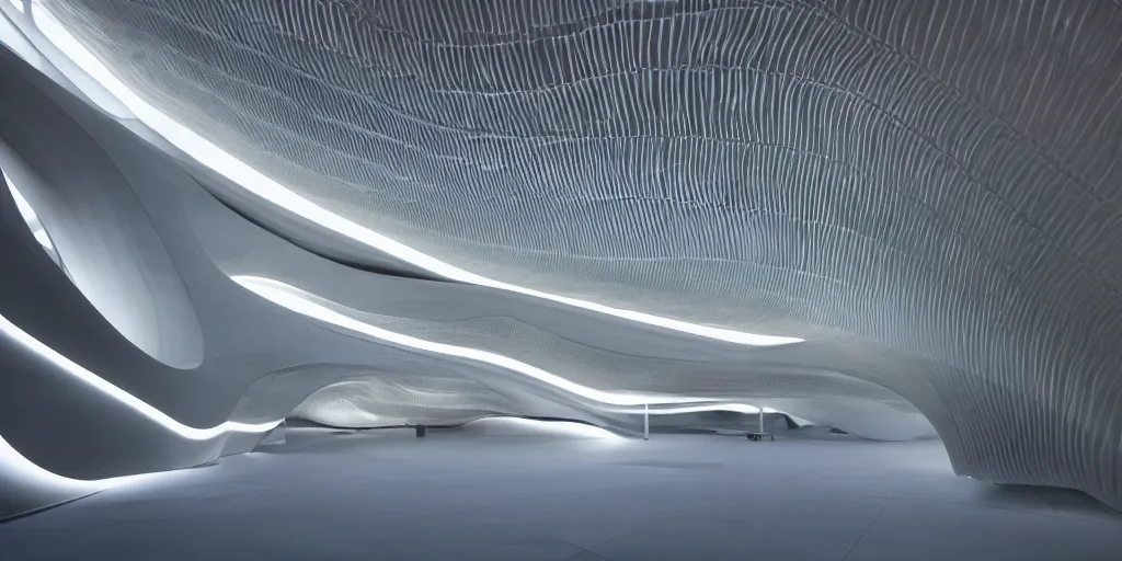 Image similar to extremely detailed awe stunning beautiful futuristic smooth curvilinear museum interior by zaha hadid, translucent gills, stunning volumetric light, stainless steel, concrete, translucent material, beautiful sunset, hyper real, 8k, colorful, 3D cinematic volumetric light, atmospheric light