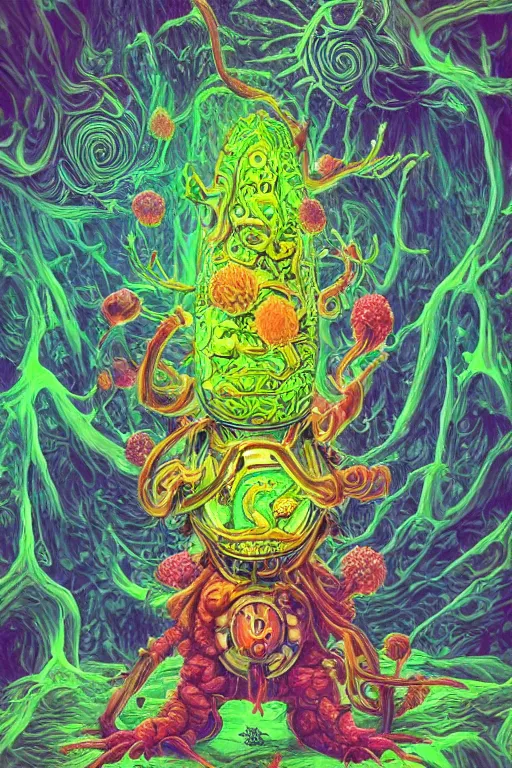 Image similar to creature sushi roots cactus elemental flush of force nature micro world fluo light deepdream a wild amazing steampunk baroque ancient alien creature, intricate detail, colorful digital painting radiating a glowing aura global illumination ray tracing