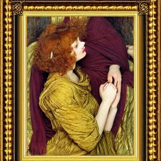 Image similar to preraphaelite portrait photography masterpiece hybrid of judy garland and florence welch, reclining, william holman hunt, ford madox brown, brown hair fringe, yellow ochre ornate medieval dress, william morris, framed 4 k