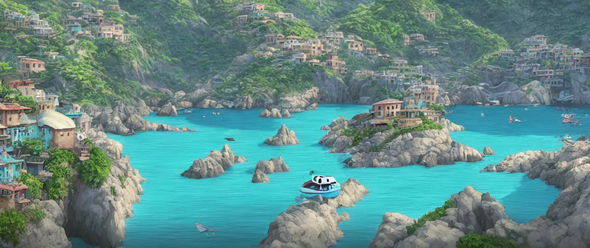 Image similar to pixar 3D render, by studio ghibli, (french bande dessinée), solarpunk, year 1244, fantasy setting, jrpg, mediterranean landscape, quaint old village, cinq terre, highly detailed, luminous, white rock, bright beautiful teal sky and sea, very sunny, light radiosity, concept art