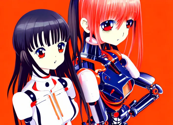 Image similar to anime girl with her robot friend,Karolis Strautniekas, yoshitoshi abe, haruhiko mikimoto, tsuruta kenji, murata range,kawaii, kyoto animation, manga, intricate, detailed, studio lighting, orange red black white, gradation,editorial illustration, matte print, Ilya Kuvshinov