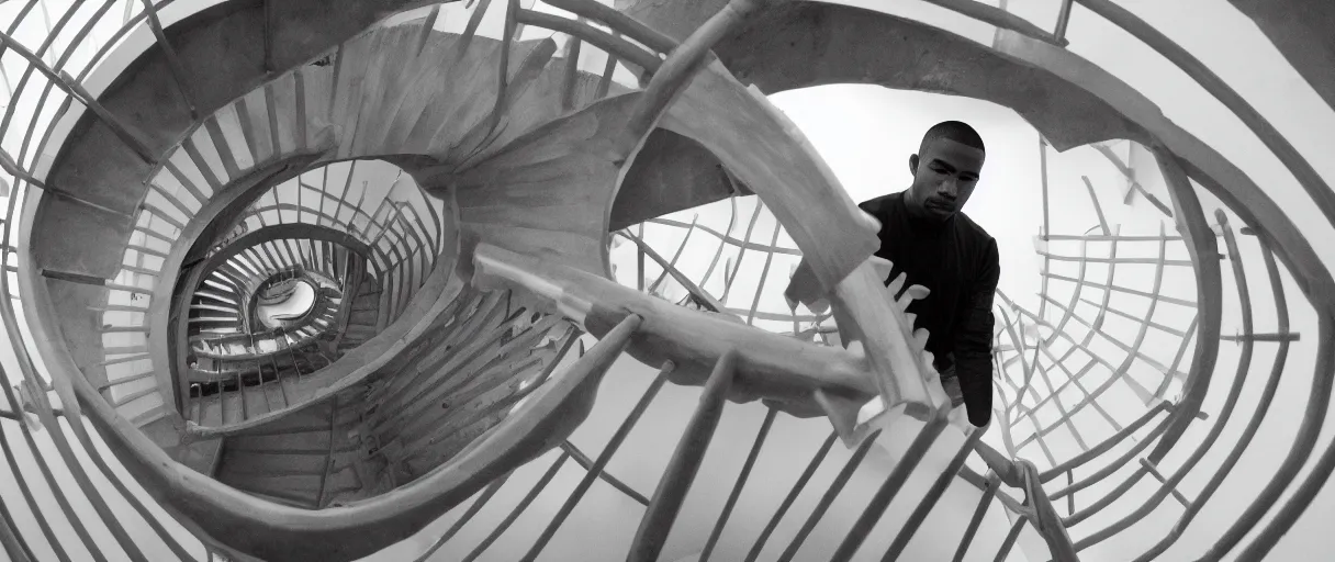 Prompt: frank ocean building a spiral staircase in the centre of the room, greyscale,