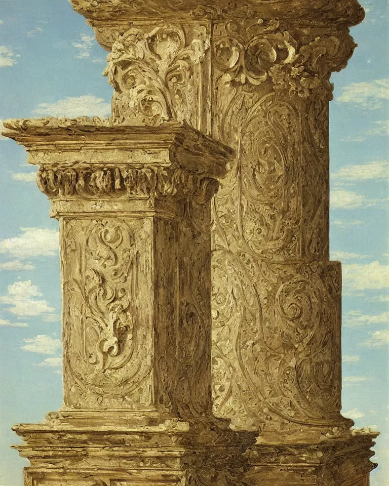 Image similar to achingly beautiful painting of intricate ancient roman corinthian capital on floral background by rene magritte, monet, and turner. giovanni battista piranesi.