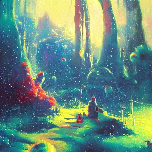 Image similar to a painting of an astronaut in a futuristic enchanted forest by paul lehr