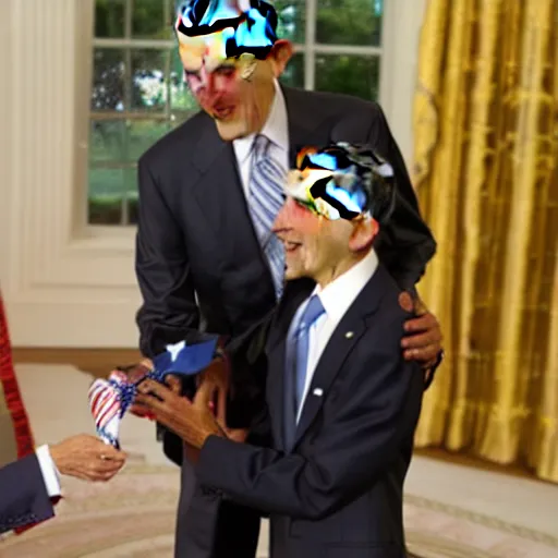 Image similar to Obama giving a smaller obama a medal