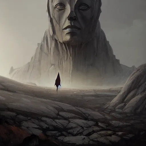 Image similar to stone humanoid colossus by grzegorz rutkowski and richard wright and peter mohrbacher, atmospheric haze, stormy, tundra, woman in cloak in foreground silhouette, large scale