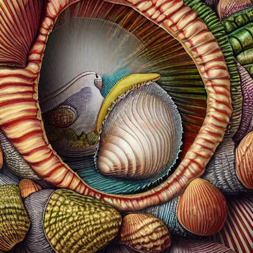 Prompt: hyperdetailed photorealistic illustration of a paguro inside an interesting shell, with maximalist embroidery elements. in the style of national geographic and a childrenbook illustration. hd soft natural tones. matte paperbackground