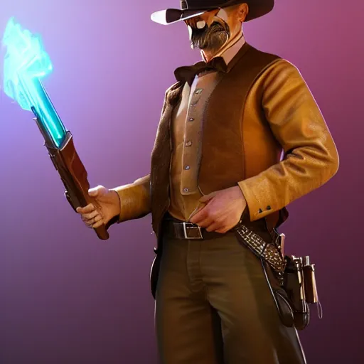 Image similar to Photorealistic Wyatt Earp as a space cowboy. Hyperdetailed photorealism, 108 megapixels, amazing depth, glowing rich colors, powerful imagery, psychedelic Overtones, 3D finalrender, 3d shading, cinematic lighting, artstation concept art