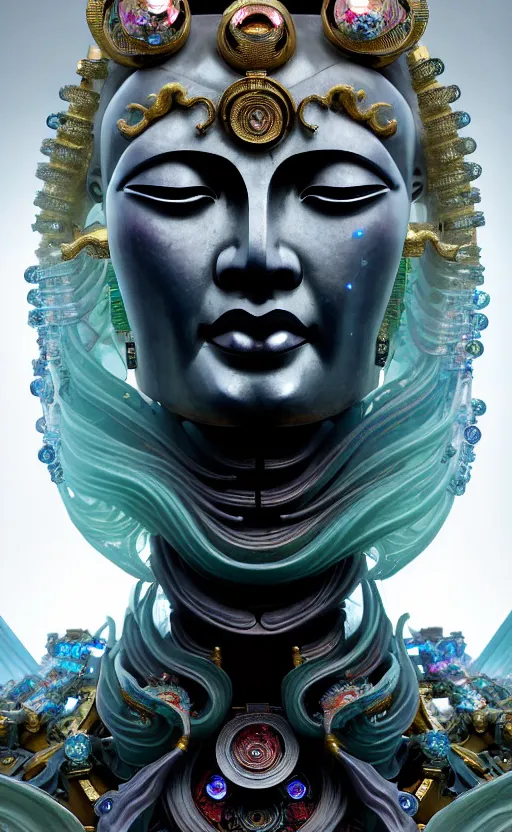 Image similar to thousand - handed guanyin from chinese mythology, ghost, gorgeous and huge head ornaments, dystopian, cyberpunk, mecha, halfturn portrait of a big crystal face made of crystals half - turn, ominous, intricate, studio, art by anthony macbain + greg rutkowski + alphonse mucha, concept art, 4 k, sharp focus