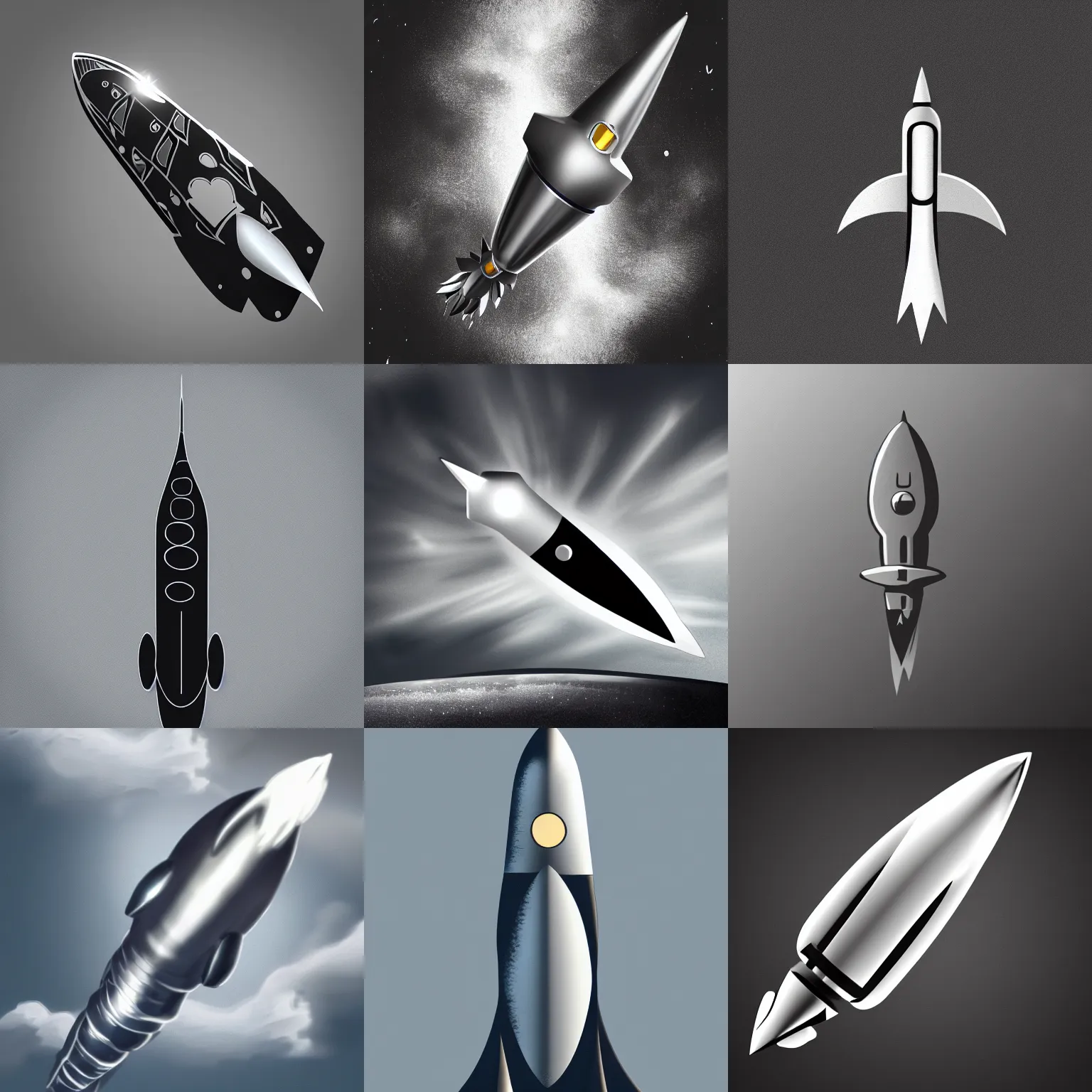 Prompt: silver rocket, black background, clouds, digital logo trending on artstation