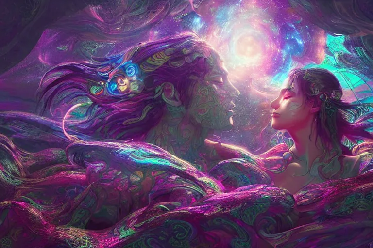 Prompt: a psychedelic realm at the edge of existence where intensely creative astral beings live, the astral beings are holding each other to share love, in the style of wlop, illustration, epic, fantasy, hyper detailed, smooth, unreal engine, sharp focus, ray tracing