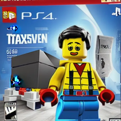 Prompt: PlayStation 4 boxart of Lego Tax Evasion The Video Game