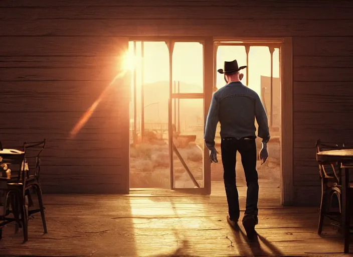 Image similar to elon musk walking through the door of a saloon, wild west, sunset, desert, dusty, sunbeams. digital illustration, colors, soft lighting, adventurous, atmospheric lighting, 8K, octane render. By Makoto Shinkai, Stanley Artgerm Lau, WLOP, Rossdraws, James Jean, Andrei Riabovitchev, Marc Simonetti, krenz cushart, Sakimichan, D&D trending on ArtStation, digital art.