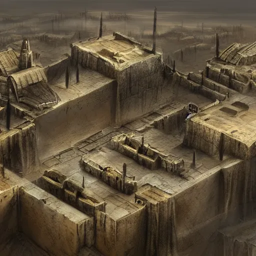 Prompt: a fortress city in the middle of a barren landscape, distant, leering, realistic, concept art, dramatic, artstation