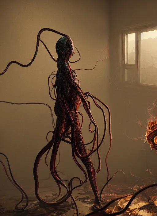 Prompt: rgb, woman with tentacles, bedroom full of fire, rage, cinematic, movie scene, inspired by zdzislaw beksinski, clothes made out of veins,, cables everywhere, bedroom, ultra realistic, concept art, intricate details, highly detailed, photorealistic, octane render, 8 k