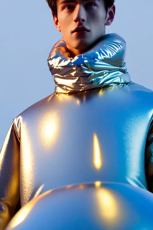 Image similar to un ultra high definition studio quality photographic art portrait of a young man standing on the rooftop of a british apartment building wearing soft baggy inflatable padded silver iridescent pearlescent clothing. three point light. extremely detailed. golden ratio, ray tracing, volumetric light, shallow depth of field. set dressed.