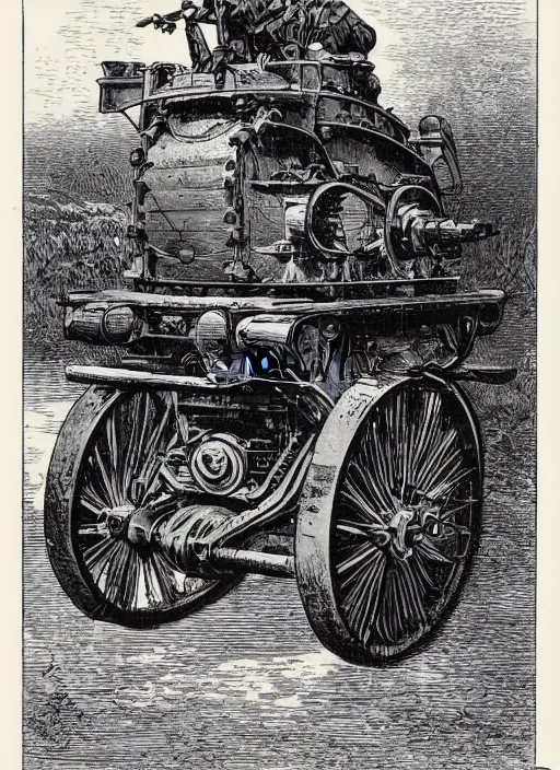 Image similar to 19th century wood-engraving of a steam powered Renault FT tank with no person around, whole page illustration from Jules Verne book, art by Édouard Riou Jules Férat and Henri de Montaut, frontal portrait, high quality, beautiful, highly detailed, removed watermarks