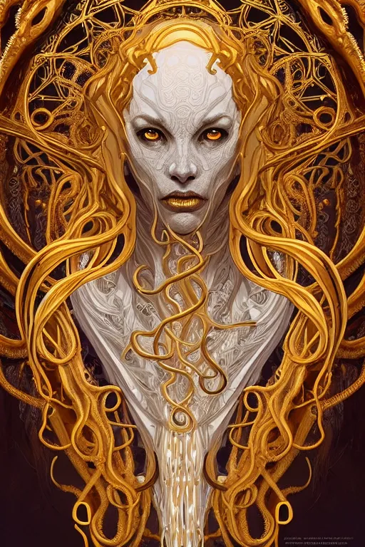 Prompt: portrait of a corrupted lovecraftian golden humanoid queen in the style of god of war, 8 intricate white and gold tentacles,, intricate, elegant, highly detailed, digital painting, artstation, concept art, smooth, sharp focus, illustration, art by artgerm and greg rutkowski and alphonse mucha, 8 k