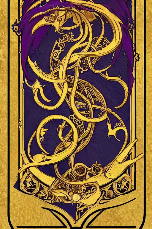 Image similar to Boardgame card, with ornamental edges, sharp, symmetrical, Lovecraftian, purple, gold, black and blue, tzeentch, by greg rutkowski and alphonse mucha, 8k, trending on artstation