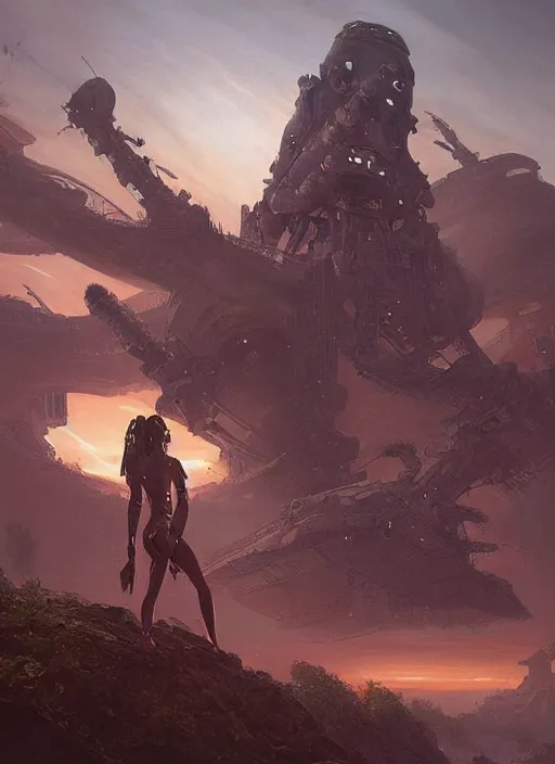 Image similar to hyper realistic painting of a panorama at dawn, with a cyber girl, zodiac, intricate detailed full body, conceptart, greg rutkowski, brom, james gurney, mignola, craig mullins, alan lee