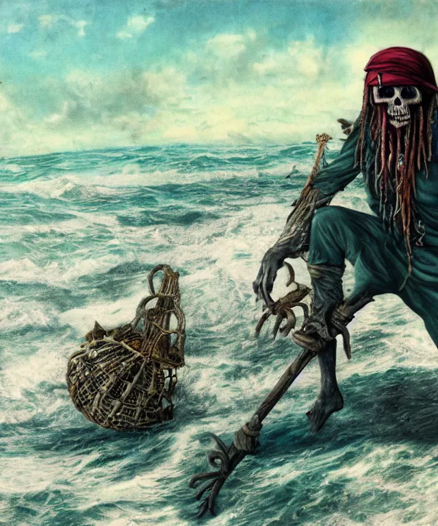 Image similar to ultra realistic color photo of an undead pirate with the ocean in the background on a tropical shore, dark, painted, brooding, atmospheric, seascape, lovecraft, horror, smooth, epic, highly detailed, cinematic, annie lebowitz