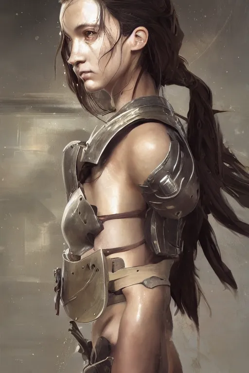 Image similar to a photorealistic painting of an attractive young girl, partially clothed in battle armor, olive skin, long dark hair, beautiful bone structure, perfect eyes, symmetrical facial features, intricate, elegant, digital painting, concept art, illustration, sharp focus, minimal artifacts, from Metal Gear, in the style of Ruan Jia and Mandy Jurgens, by Greg Rutkowski, trending on Artstation, award winning