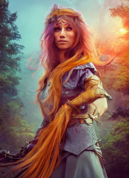 Prompt: beautiful portrait of female Robin Hood, orange flowing hair, magical, forest, sunset, blue mist, rain, symmetrical face, large grey eyes, pale, freckles, hyper realistic, digital art, octane render, trending on artstation, artstationHD, artstationHQ, unreal engine, 4k, 8k