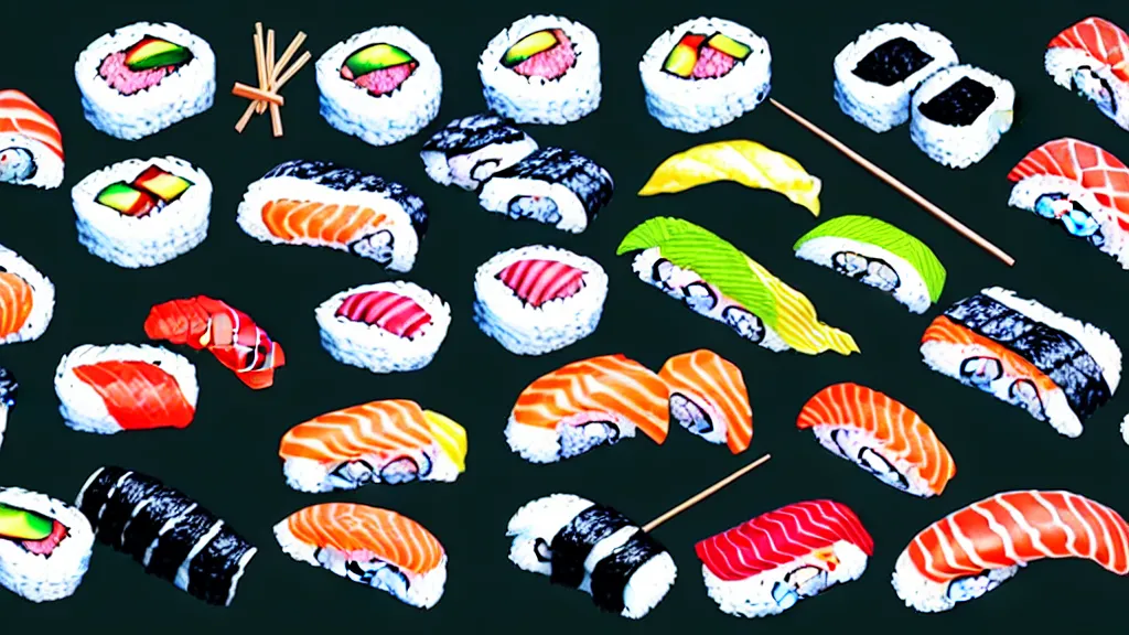 Image similar to a selection of single sushi platters, several items in an array, japan, a collage painting, in the style of wes anderson, lola dupre, david hockney, isolated on negative white space background dark monochrome neon spraypaint accents volumetric octane render