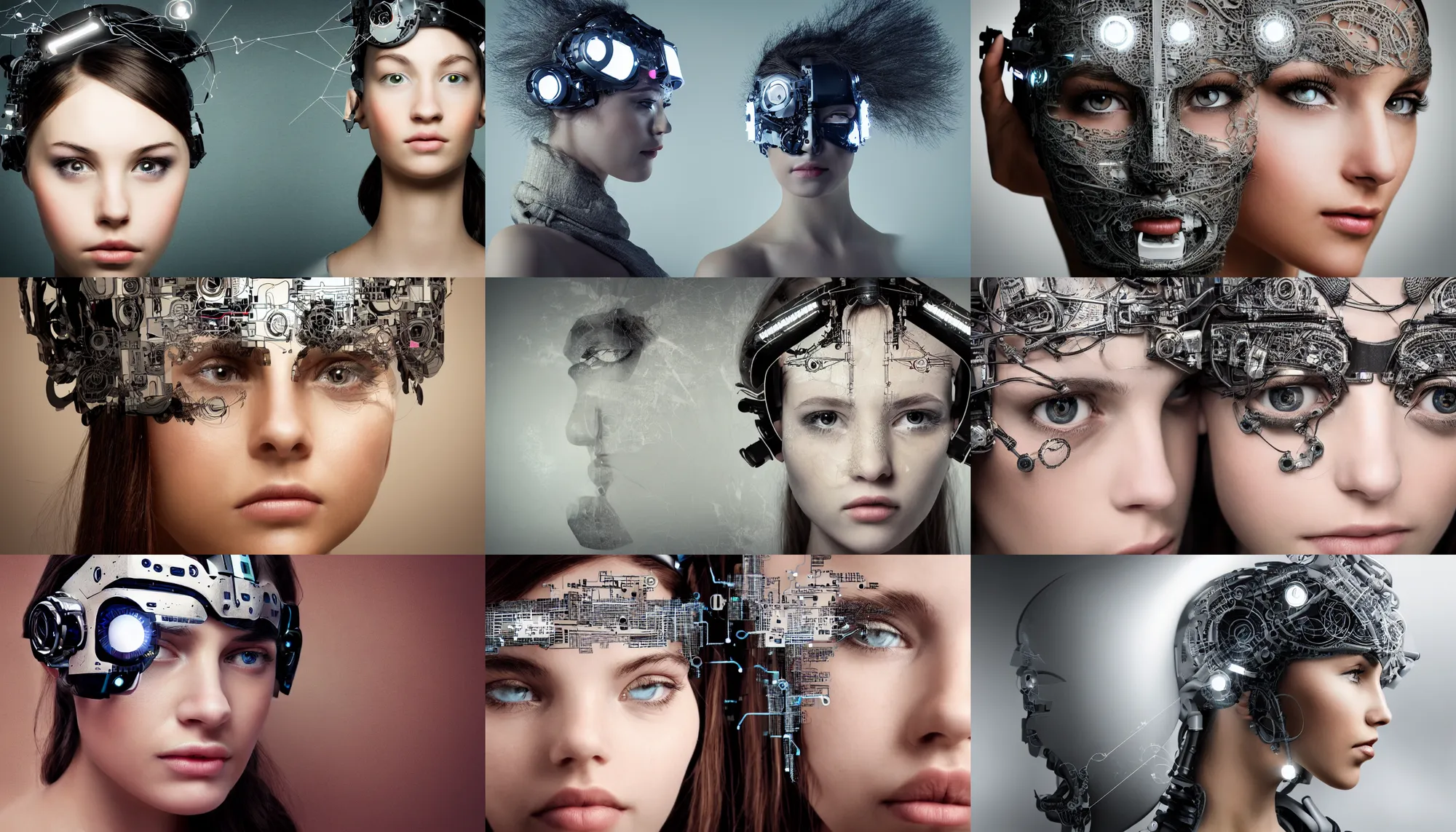 Prompt: A digital portrait of a beautiful girl wearing cyborg headgear, centered face, intricate complexity, rule of thirds