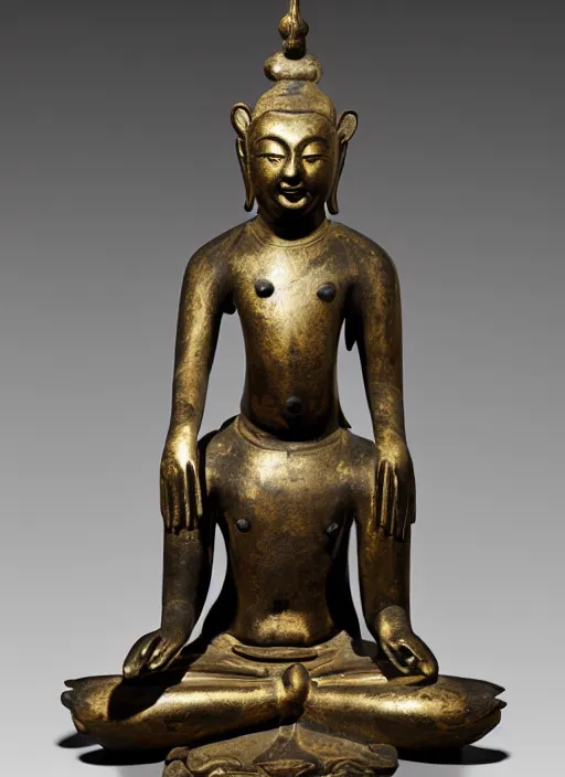 Image similar to photo of a magnificent gilt-bronze seated figure of bodhisattva, anthropomorphized asian black bear, Early Ming dynasty, late 14th-15th century, studio lighting
