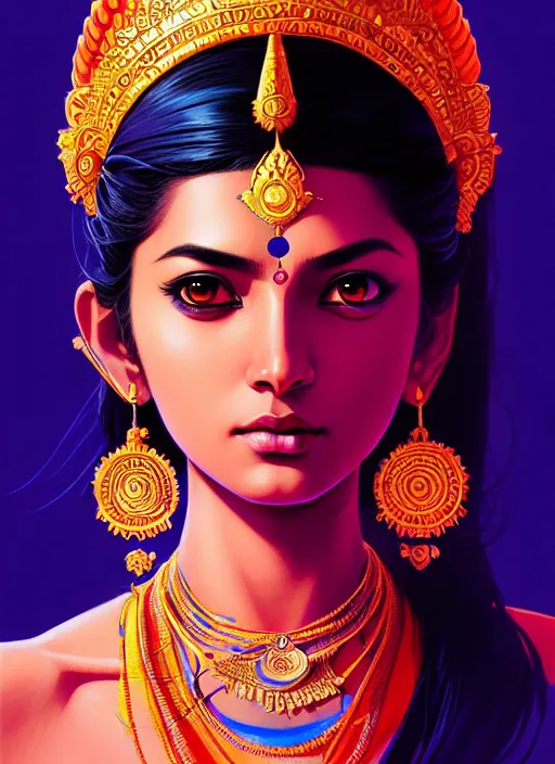 Image similar to a comic portrait of an indian goddess, fine - face, realistic shaded perfect face, fine details. cosmic setting. very anime style. realistic shaded lighting poster by ilya kuvshinov katsuhiro, magali villeneuve, artgerm, jeremy lipkin and michael garmash, rob rey and kentaro miura style, trending on art station