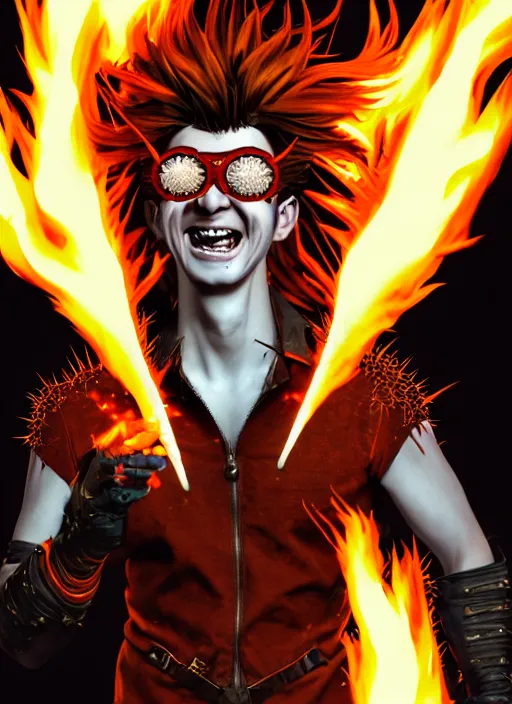 Image similar to An epic fantasy comic book style portrait painting of young man with red spiked long hair, using an orange lens googles. Wearing white shirt, a black waistcoat, brown pants and black boots. He is throwing a wild fire blast from his hands, with a vicious smile in face. Unreal 5, DAZ, hyperrealistic, octane render, cosplay, RPG portrait, dynamic lighting