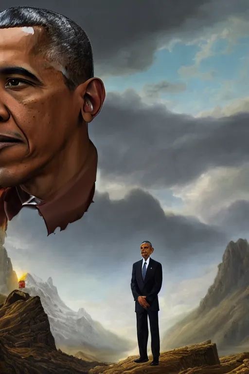 Image similar to obama nervously standing next to a mountain made of papers, oil on canvas, intricate, 8 k highly professionally detailed, hdr, cgsociety