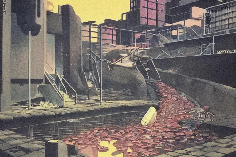 Prompt: 1 9 7 9 omni cover of a sewer pipe near spewing fish and trash into a moat in tokyo. entire background is a wall. art in cyberpunk style by dali, and vincent di fate