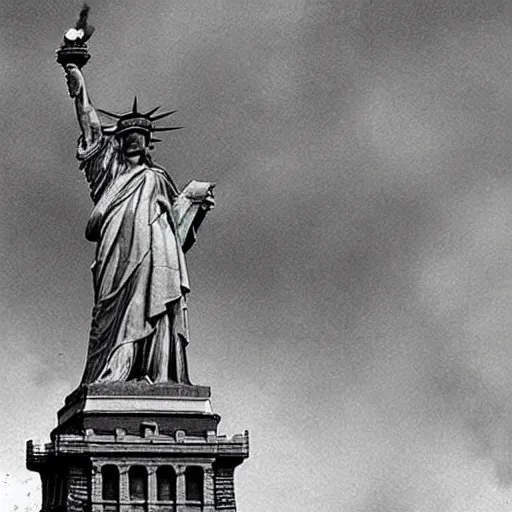 Image similar to statue of liberty attacking new york, chaos, fire