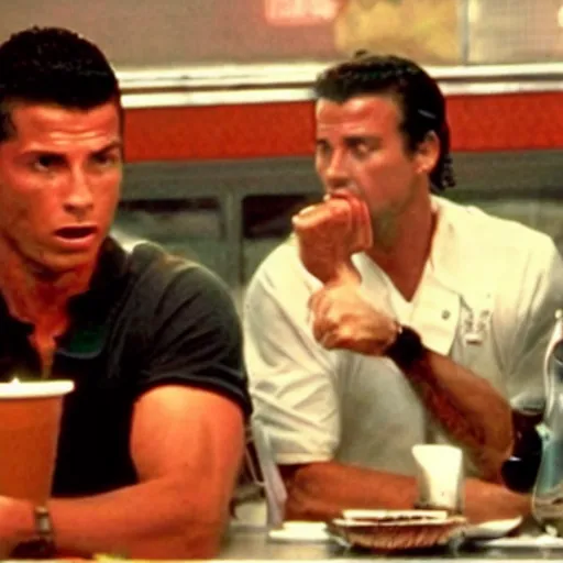 Image similar to movie still of the diner scene in the movie Heat, rendering of cristiano ronaldo as vincent hanna,