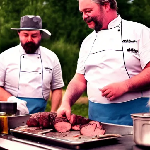 Image similar to rick and porky cooking a brisket, filmic, cinematographic