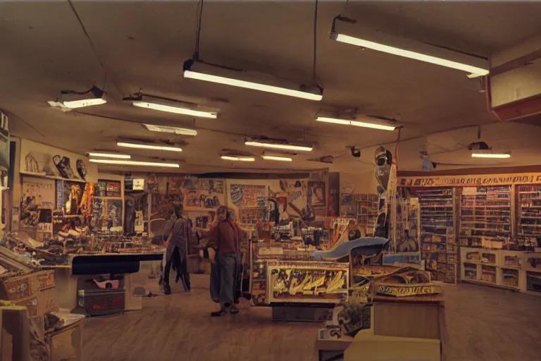 Prompt: Velociraptor shopping, inside of a 1970s music store store, neon lights, dirty, ektachrome photograph, volumetric lighting, f8 aperture, cinematic Eastman 5384 film