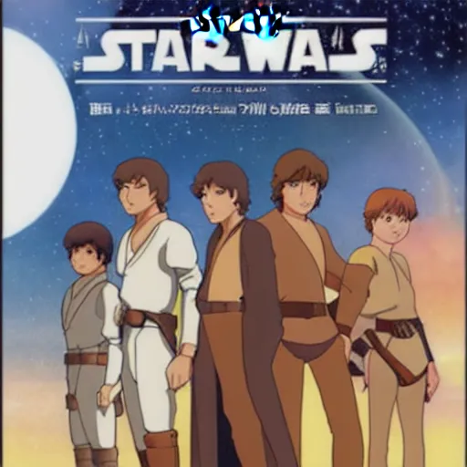 Image similar to Star Wars A New Hope poster drawn in anime style of Studio Ghibli, art, sharp focus, soft light