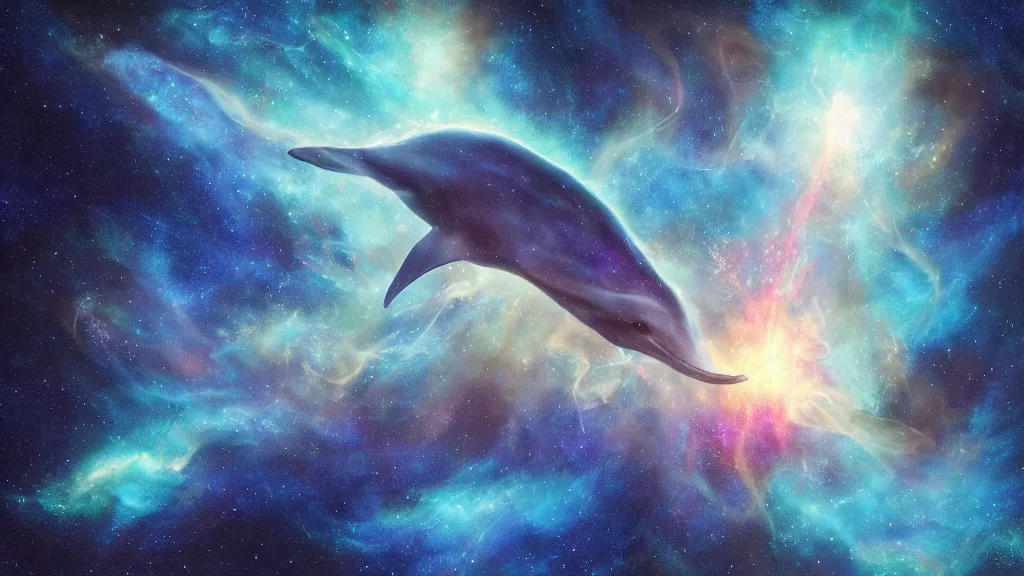 Prompt: Ethereal blue fire whale and dolphins flying through a nebula, star dust, cosmic, magical, shiny, glow,cosmos, galaxies, stars, outer space, stunning, by andreas rocha and john howe, and Martin Johnson Heade, featured on artstation, featured on behance, golden ratio, ultrawide angle, hyper detailed, photorealistic, epic composition, wide angle, f32, well composed, UE5, 8k