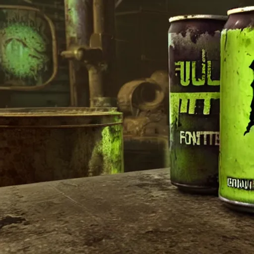 Image similar to Fallout (1997) render of a Monster Energy drink can, close up of a screenshot from Fallout (1997)