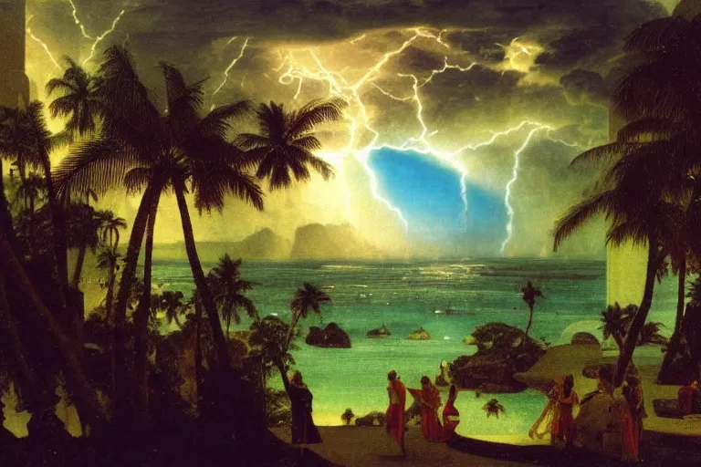 Image similar to From inside of the palace, refracted lightnings on the ocean, thunderstorm, greek pool, beach and Tropical vegetation on the background major arcana sky and occult symbols, by paul delaroche, hyperrealistic 4k uhd, award-winning, very detailed paradise