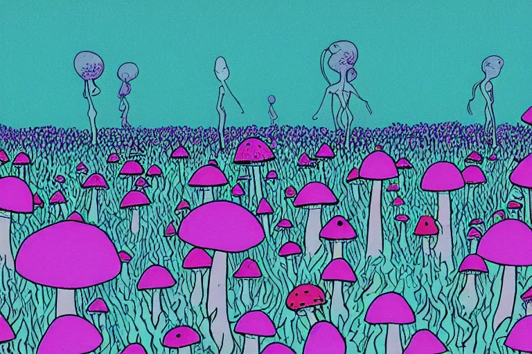 Prompt: a psychedelic illustration of a field of mushrooms, flat colors, limited palette in FANTASTIC PLANET La planète sauvage animation by René Laloux