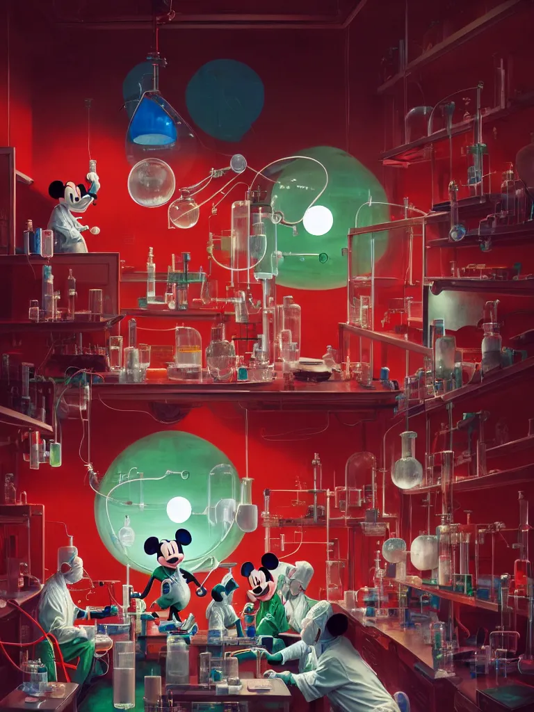 Prompt: scientists in laboratory, single giant mickey mouse face by denning guy, amano yoshitaka, berkey john, bowater charlie, greg rutkowski, netflix logo, green floor, red walls, colored gels, studio photography, 3 5 mm film look